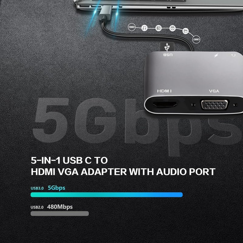 Vcom USB C to HDMI VAG Adapter, 5-in-1 USB C Hub with 100W Power Delivery, 4K HDMI, 1080P VGA, USB 3.0 Port, OTG Adapter Compatible with MacBook Air, iPad Pro, Dell XPS, Surface Pro (Grey) - Image 3